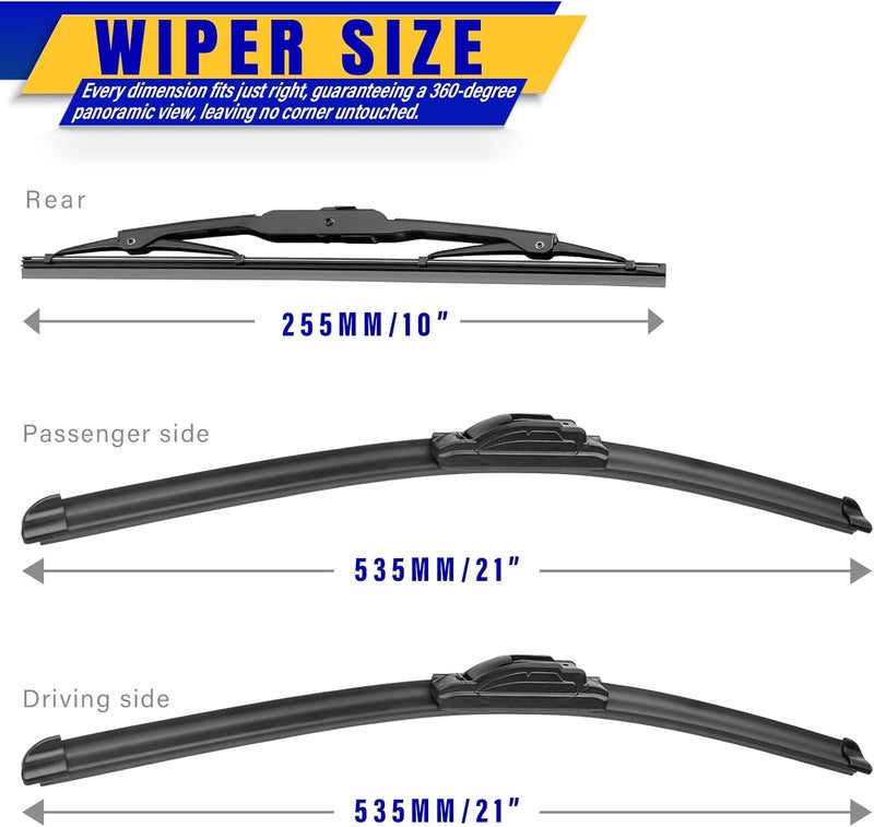 Rooppa 3 wipers Replacement for 2007-2017 Jeep Patriot, Windshield Wiper Blades Original Equipment Replacement - 21"/21"/10" (Set of 3) UJ HOOK - Image 2